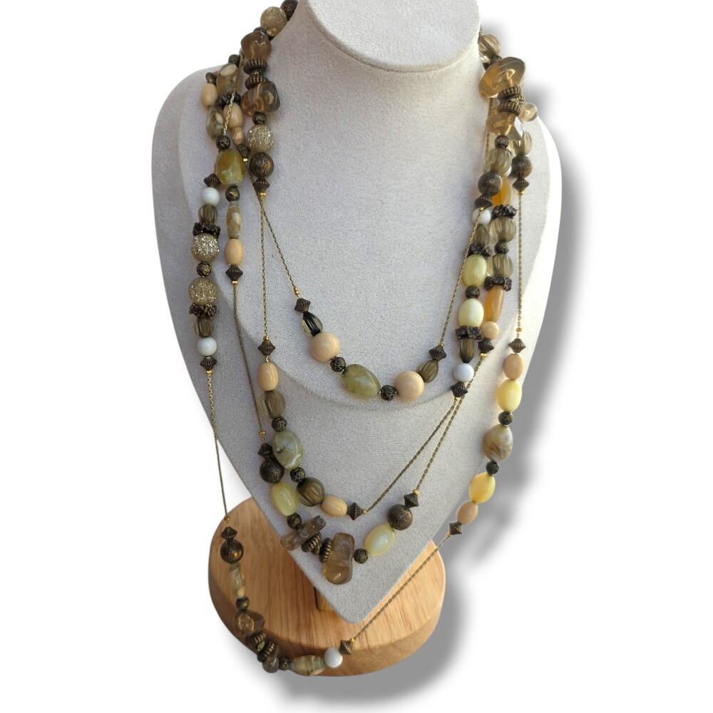 Vintage Dabby Reid Brown Tan Beaded 92” Long Necklace Jewelry Signed Classic